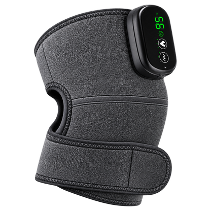 Knee Recovery Wrap in charcoal grey, fastened, with its digital control panel showing the temperature