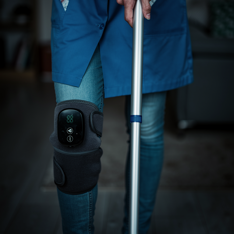 Knee Recovery Wrap worn over jeans while standing at home
