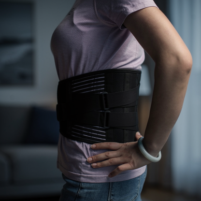 Lumbar Support Wrap worn at the waist, side view showing how high the panel sits over the lower back