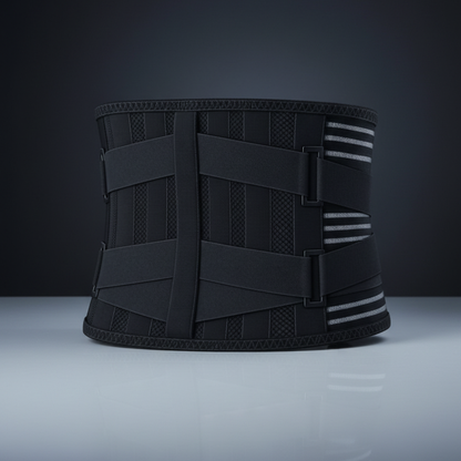 Lumbar Support Wrap in black, back panel with vertical support stays and reflective side trim