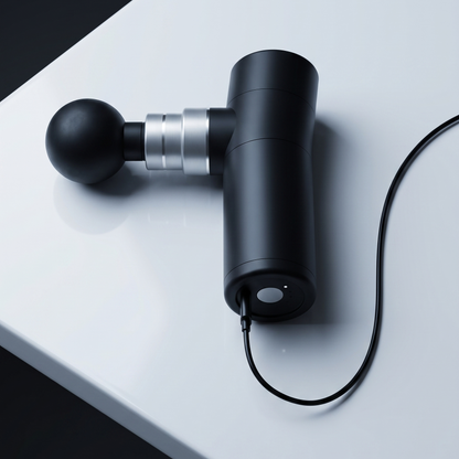 Mini Percussion Massager charging over USB-C, with the metal power button visible at the base