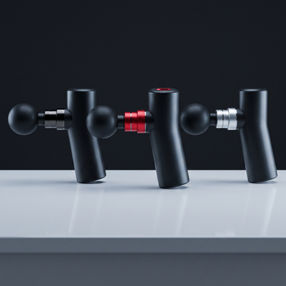All three Mini Percussion Massager finishes lined up on a light surface, showing the gunmetal, red and silver collars