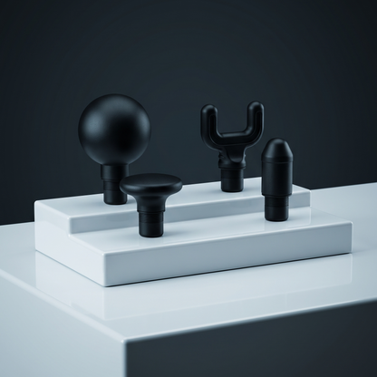 The four interchangeable heads on a white stand: ball, flat, forked and bullet