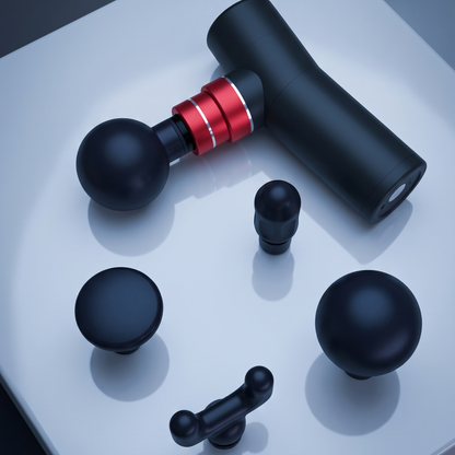 Mini Percussion Massager with the ball head fitted and the four interchangeable heads laid out beside it