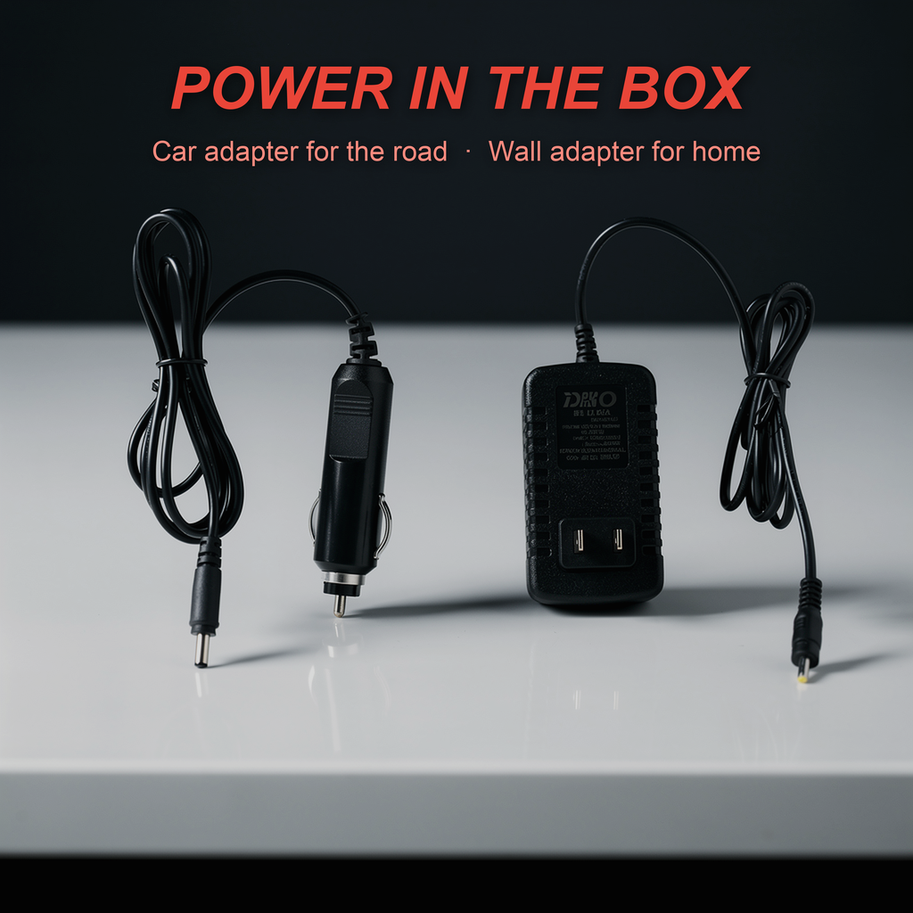 The car adapter and wall adapter supplied with the Senaira Neck & Shoulder Recovery Massager, captioned Power in the box