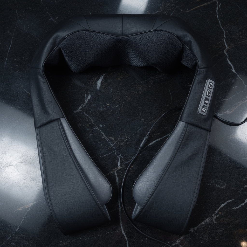 The Senaira Neck & Shoulder Recovery Massager laid flat on dark marble, showing the control panel and cable