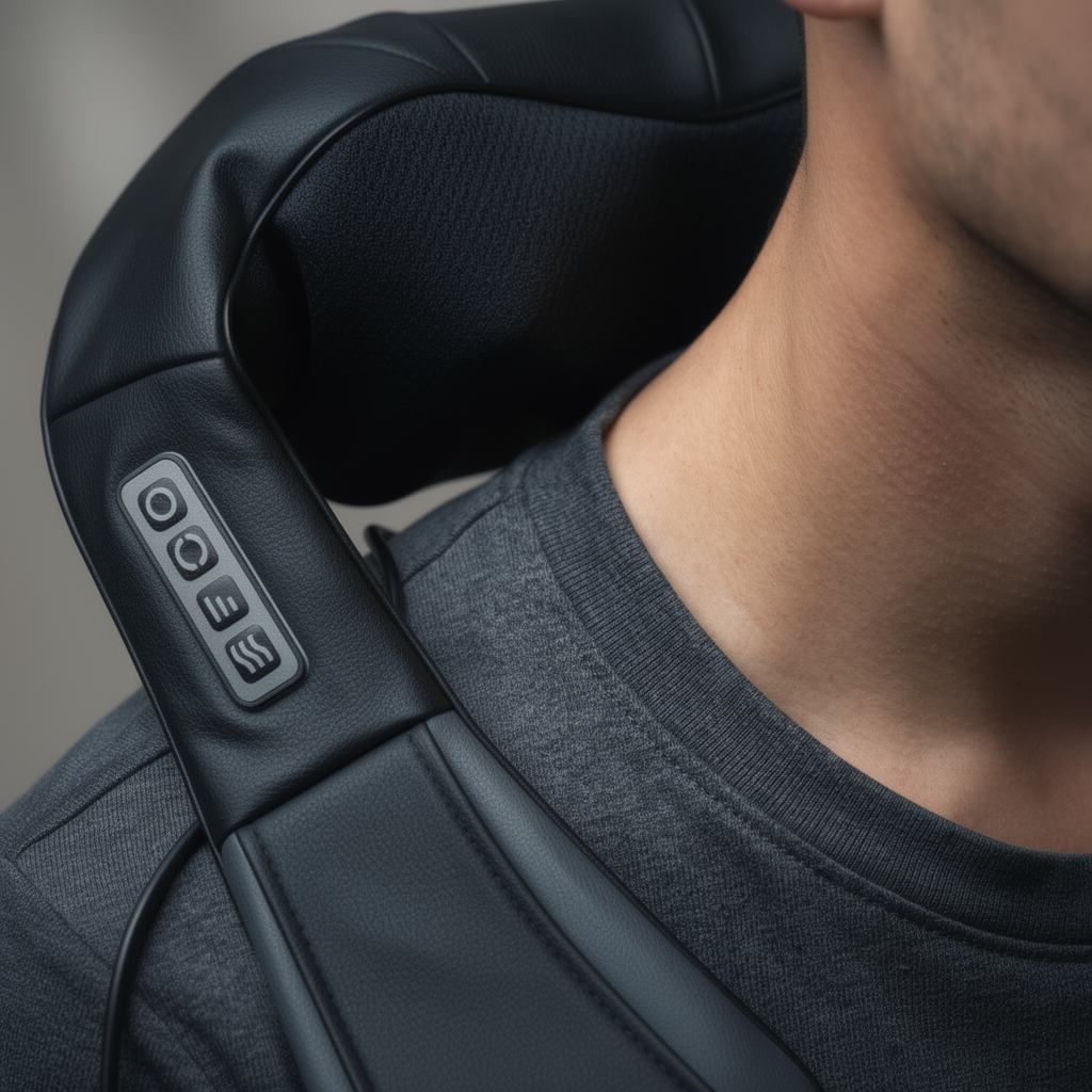A close view of the Senaira Neck & Shoulder Recovery Massager resting over the shoulder, with the control panel in reach