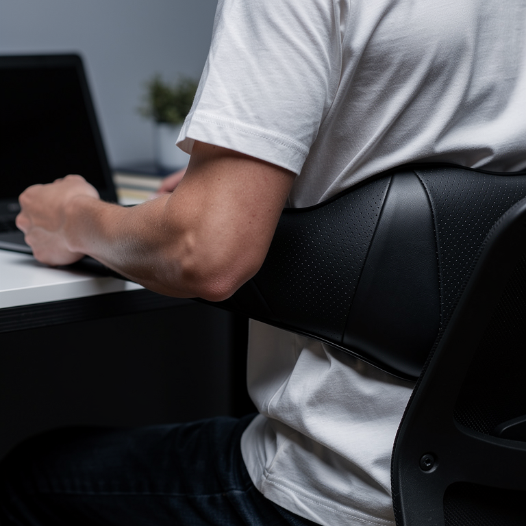 The Senaira Neck & Shoulder Recovery Massager worn around the lower back while sitting at a desk